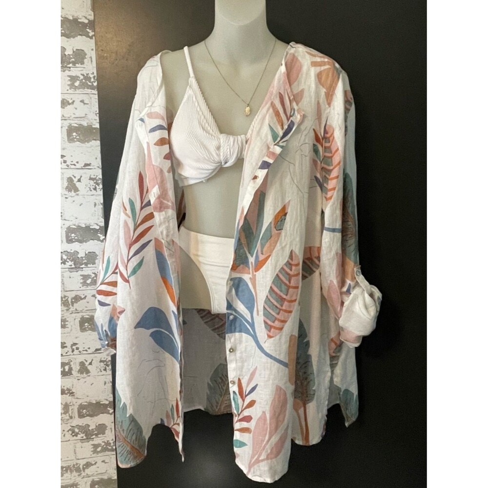 Cynthia Rowley Linen Tunic Shirt Tropical Print Swim Cover Up OS - Picture 2 of 7